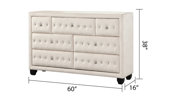 Beige 7-drawer upholstered dresser with button-tufted panels, 60 in wide