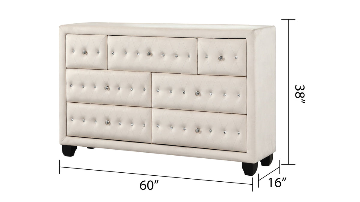 Tufted upholstered dresser with multiple drawers, light upholstery, black feet.