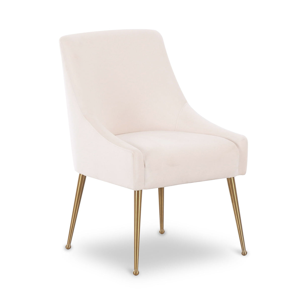 Ivory velvet side chair with curved arms, upholstered seat, and gold-toned legs