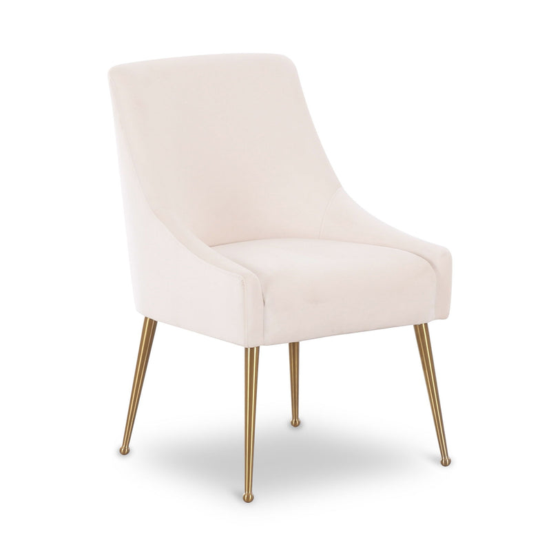 Ivory velvet side chair with curved arms, upholstered seat, and gold-toned legs
