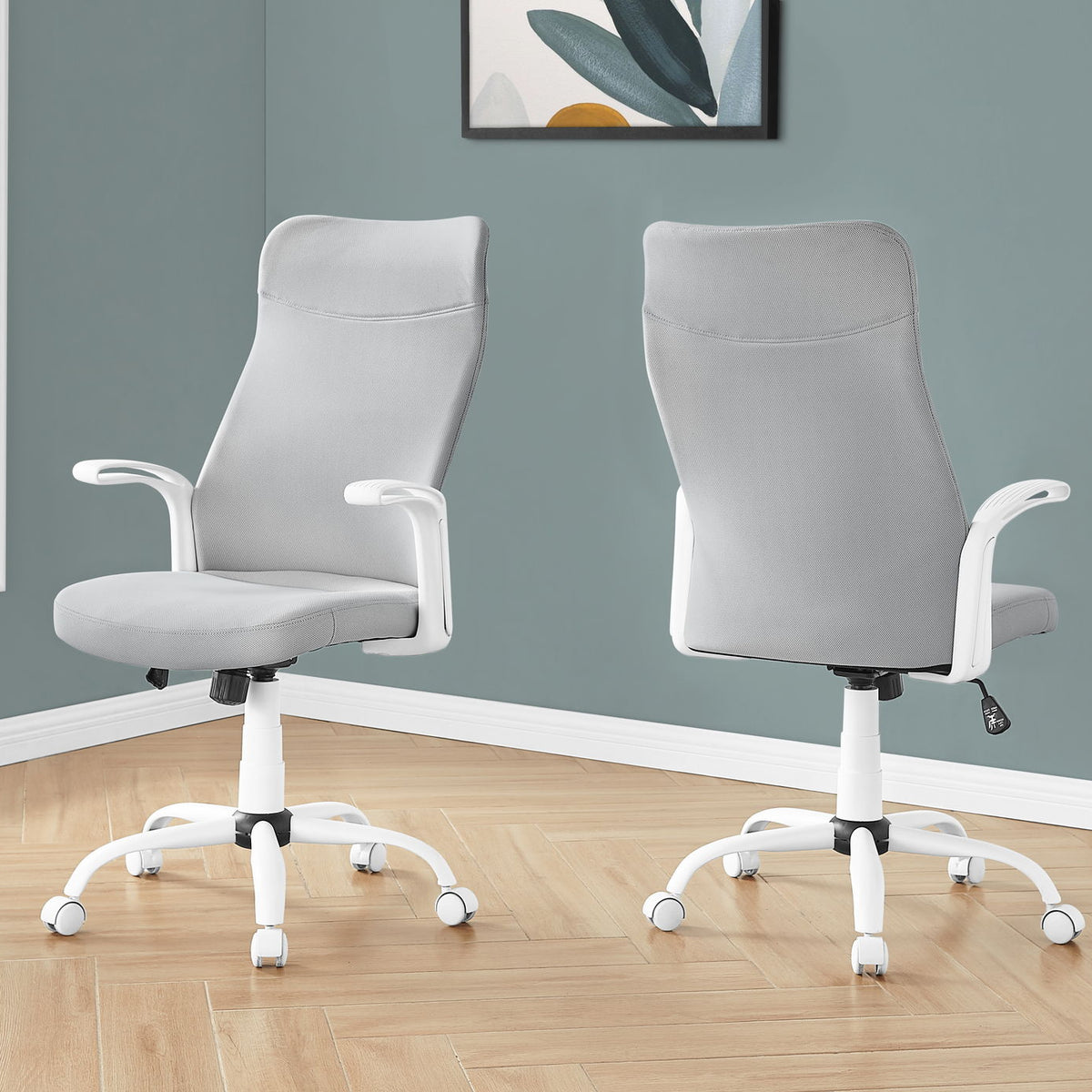 Light gray office chair with padded armrests, swivel base, and rolling casters.