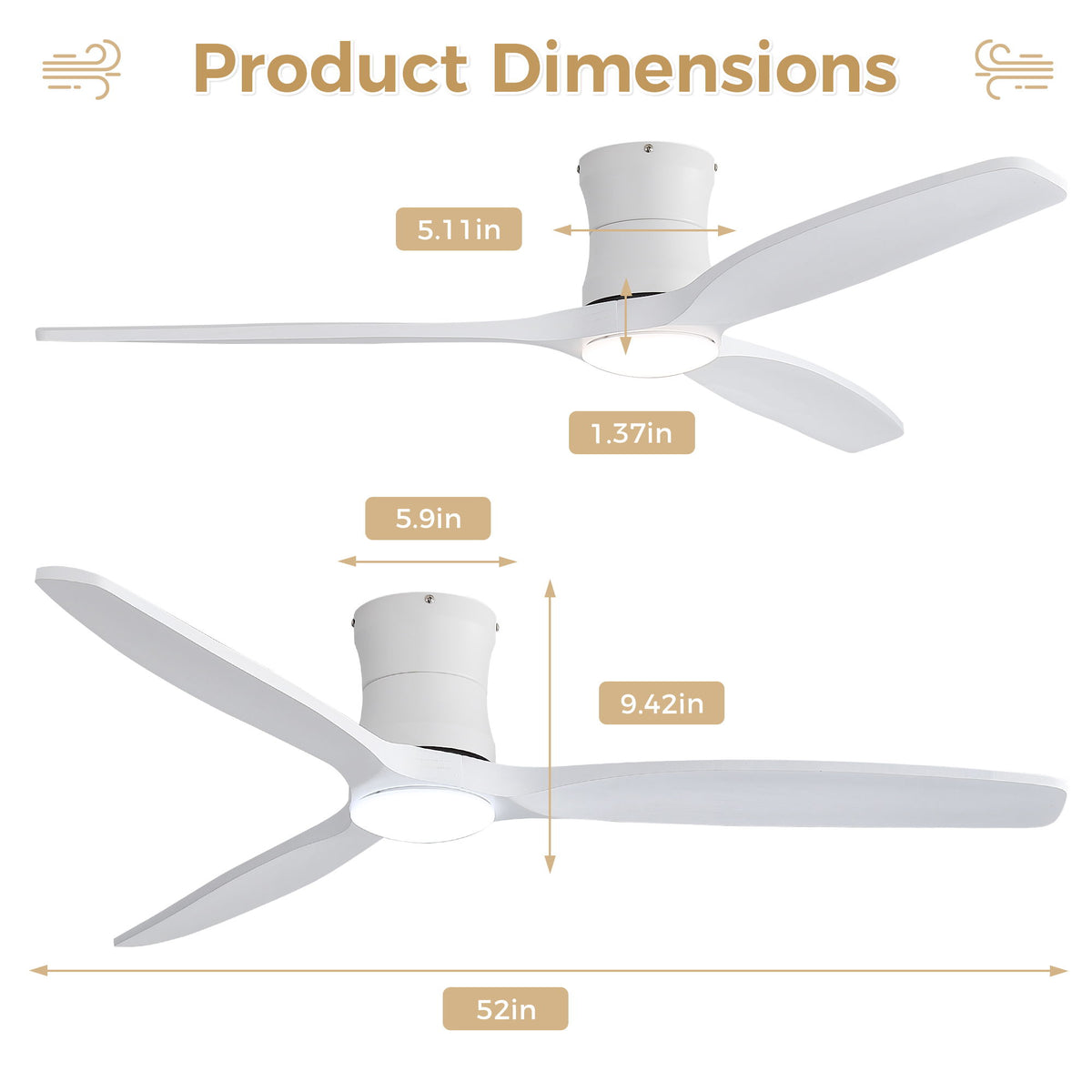 52" Ceiling Fan With Light, Dimmable DC Reversible Motor, 3 Blades