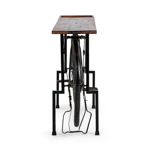 Small bike-style counter table with rustic wood top and black metal bicycle frame