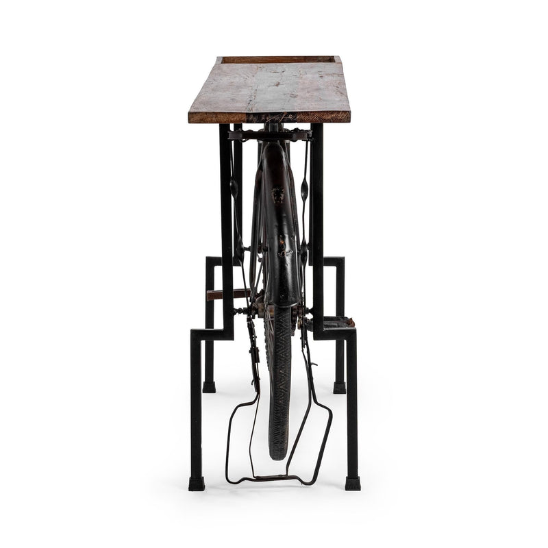 Small bike-style counter table with rustic wood top and black metal bicycle frame