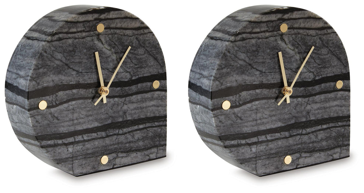 Set of 2 black tabletop clocks with gold hands and round hour markers