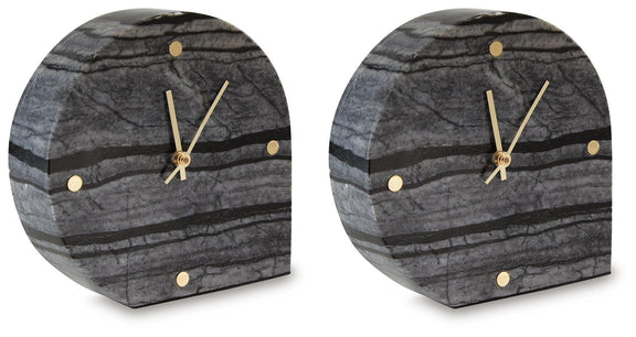 Set of 2 black tabletop clocks with gold hands and round hour markers