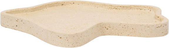 Beige sculpted travertine tray with raised edge and flat center