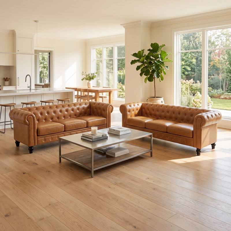 Light brown two-piece sofa set with three-seat cushions and rolled arms