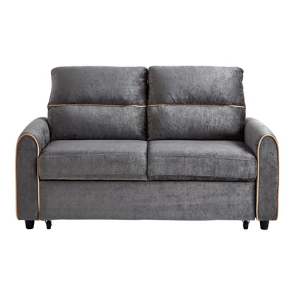 Dark gray pull-out sofa bed with adjustable 3-position backrest, gold-trim arms, legs