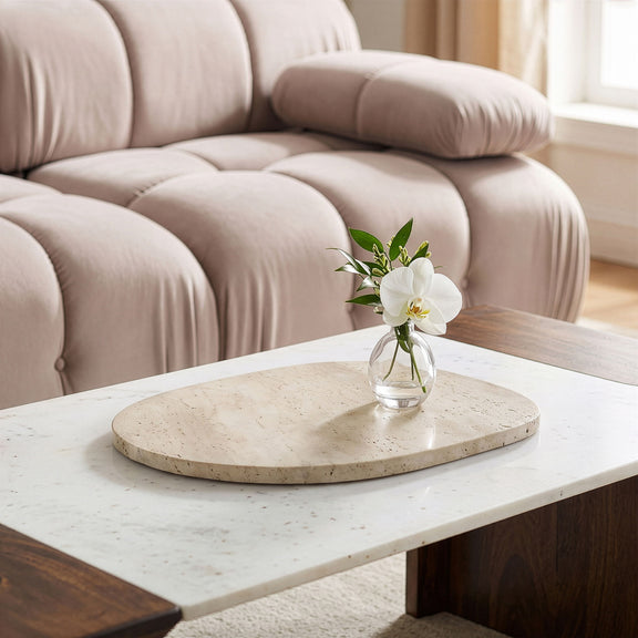 Genuine marble decorative tray, beige oval with speckled stone texture and polished finish