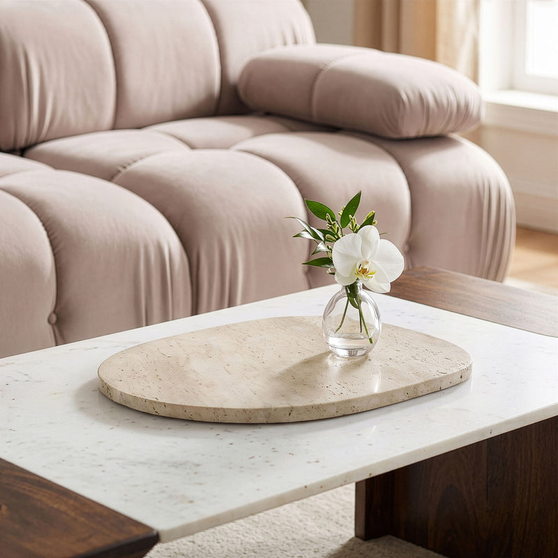 Genuine marble decorative tray, beige oval with speckled stone texture and polished finish