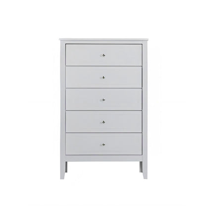 White 5-drawer storage unit with metal knobs and recessed drawer fronts