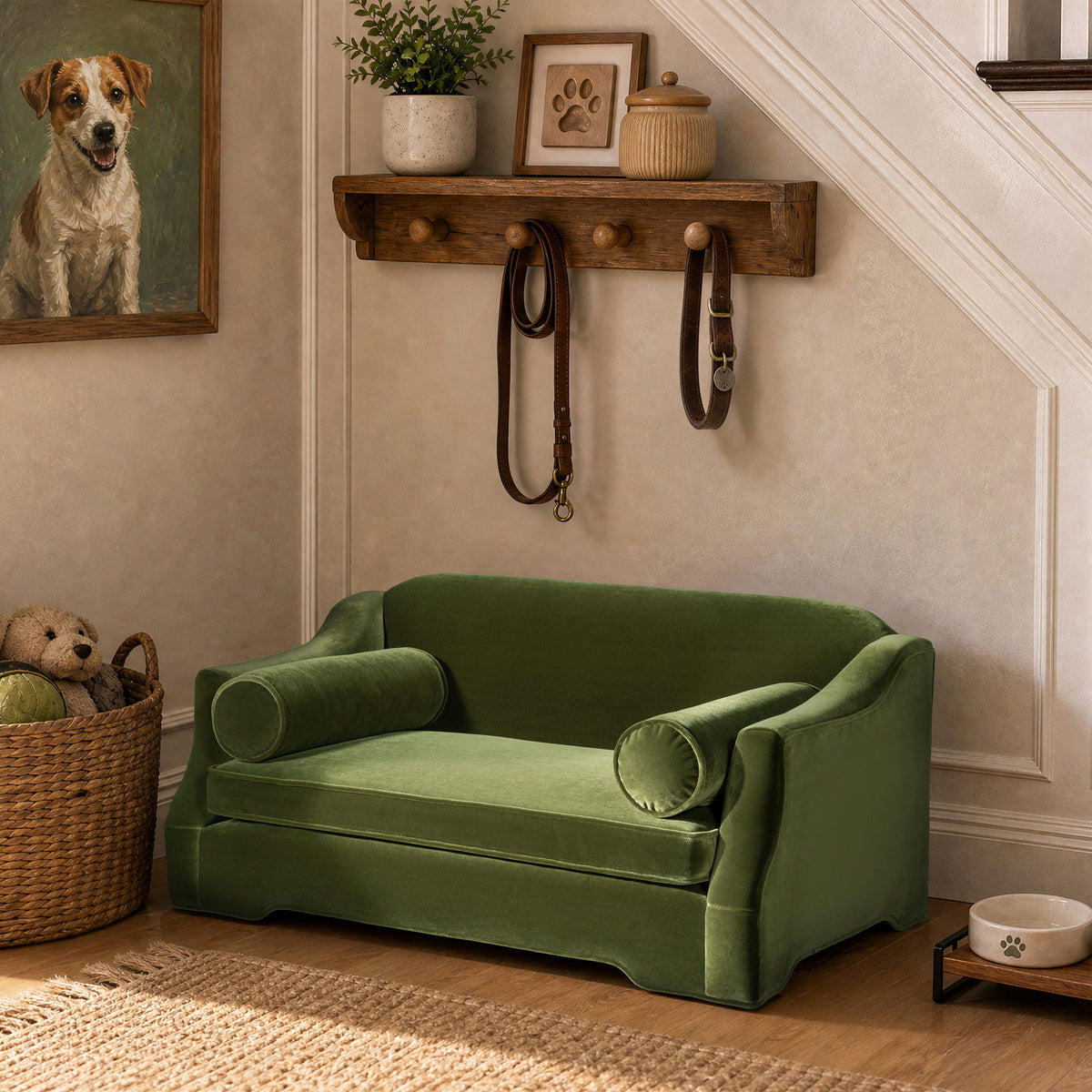 Green dog sofa bed with smooth plush fabric, padded arms, and two cylindrical bolster cushions