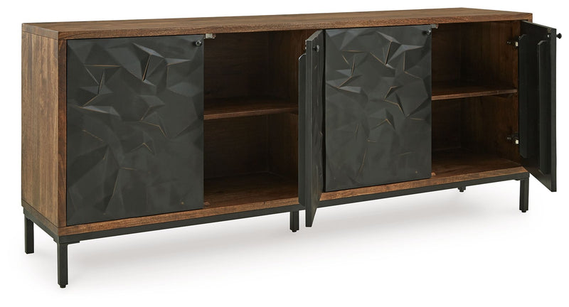 Accent cabinet with open right side revealing interior shelves; black geometric door and brown base
