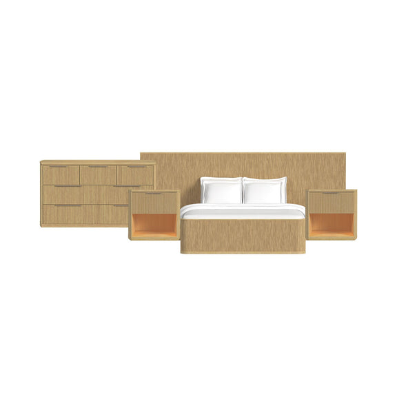 Light brown wall bed bedroom set with platform bed and side cabinets with open shelves