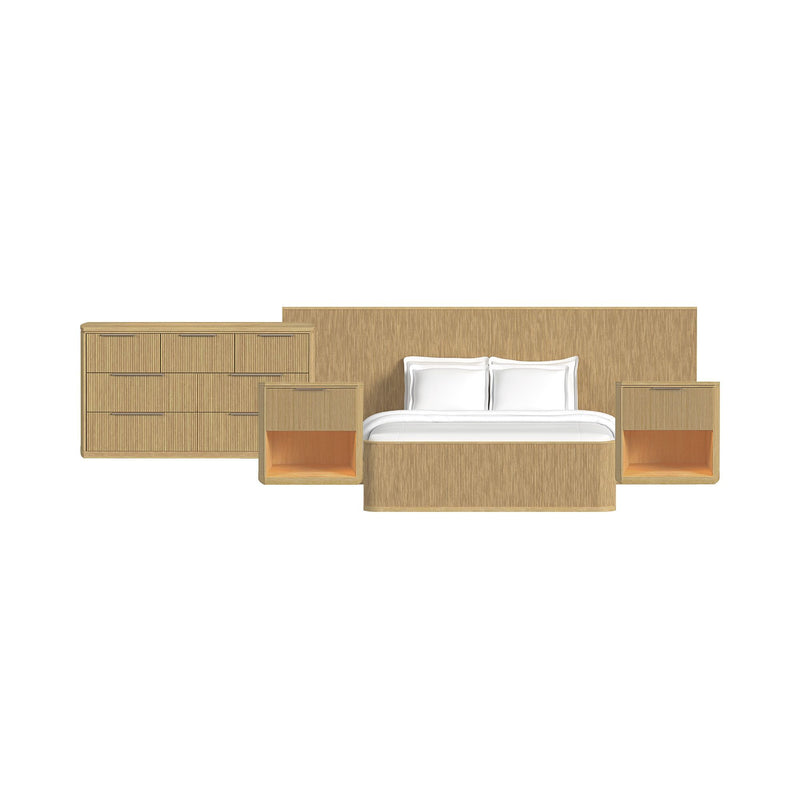 Light brown wall bed bedroom set with platform bed and side cabinets with open shelves