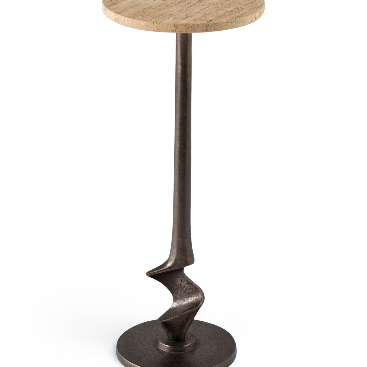 Round aluminum end table with wood-look top and dark bronze twisted pedestal base