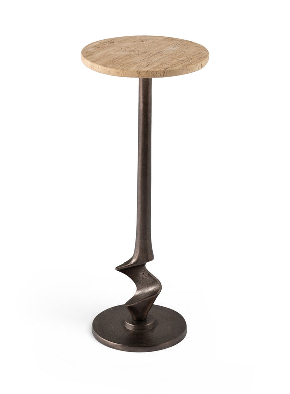 Round aluminum end table with wood-look top and dark bronze twisted pedestal base