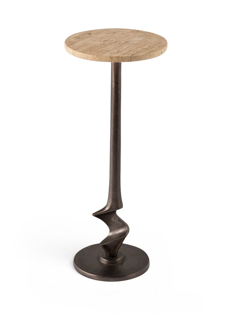 Round aluminum end table with wood-look top and dark bronze twisted pedestal base
