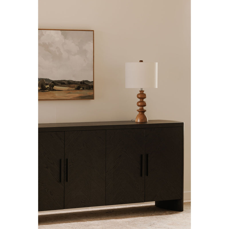 Black sideboard cabinet with four doors and vertical bar handles, wide tabletop