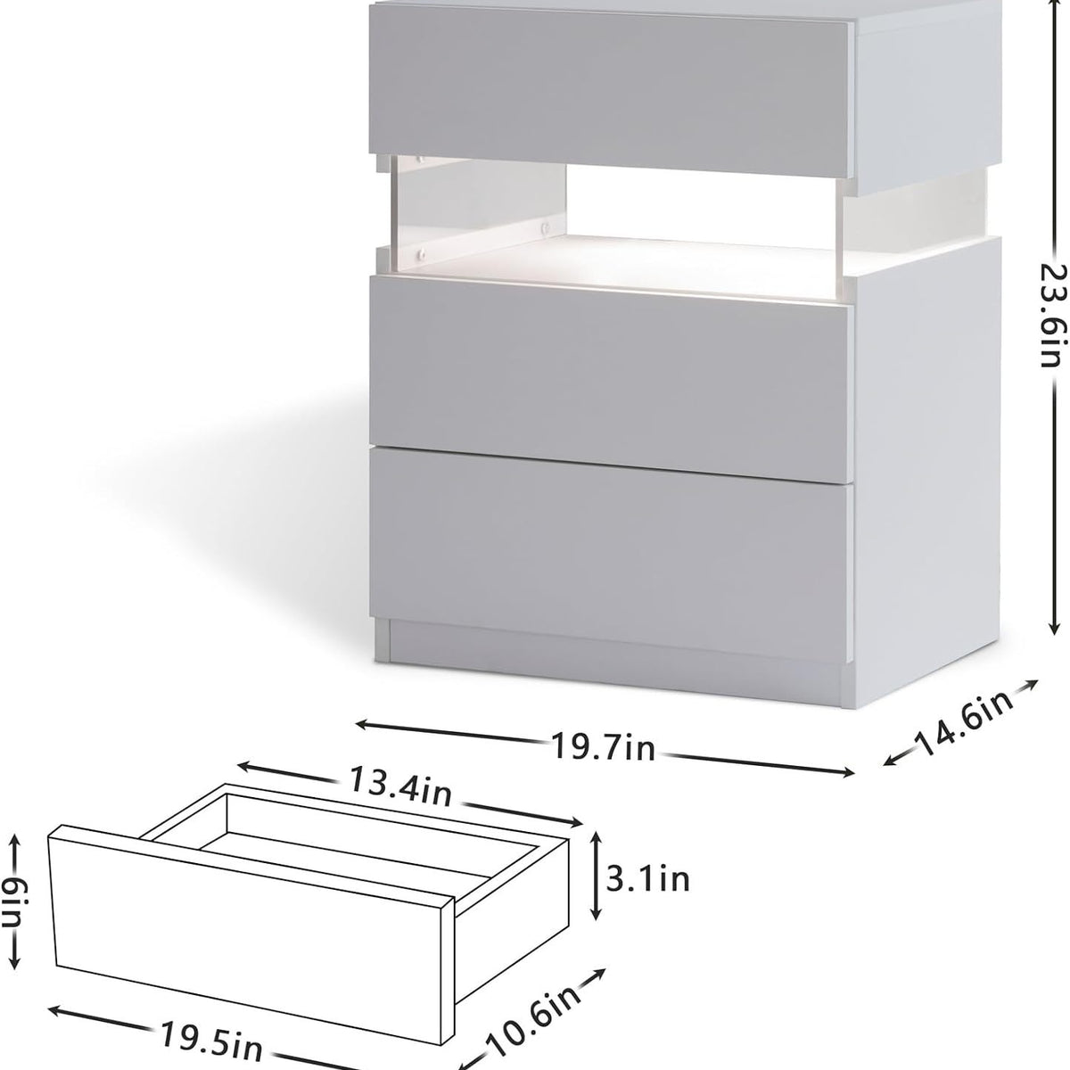 LED Nightstands, 3 Drawer For Bedroom