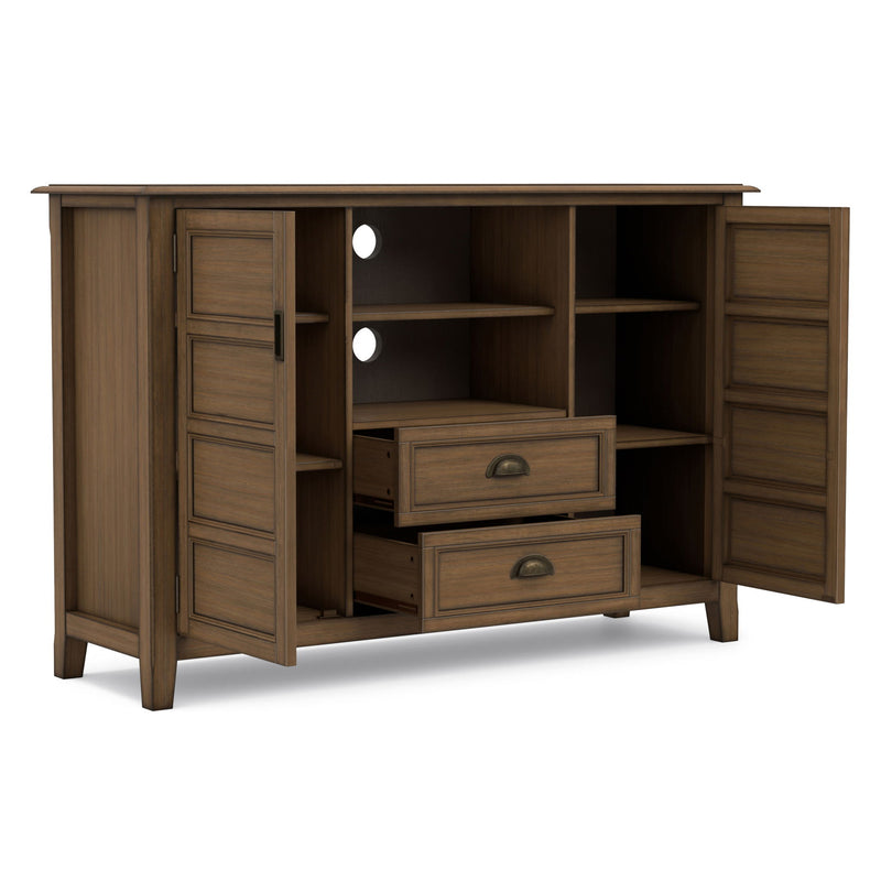 Open storage tall TV media stand with shelves, two drawers, and side door compartments