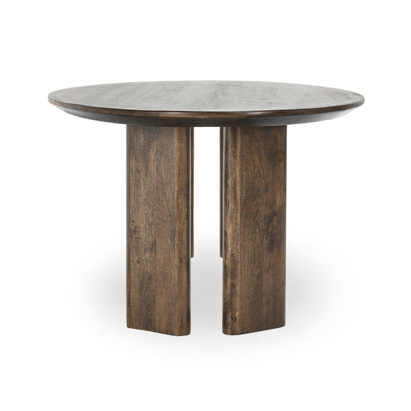 Round dining table with rustic bark brown finish and two front tapered legs