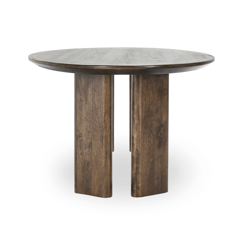 Round dining table with rustic bark brown finish and two front tapered legs