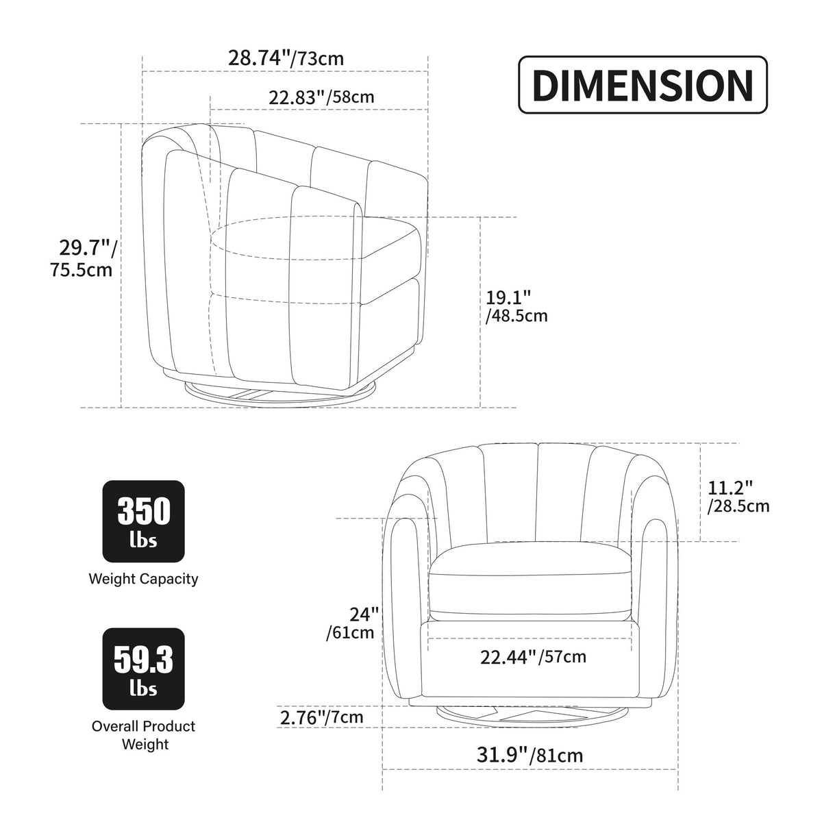 Barrel chair dimension diagram with side and front view measurements