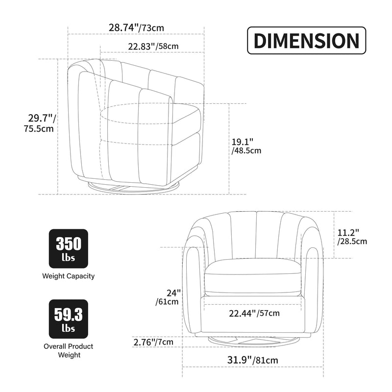 Barrel chair dimension diagram with side and front view measurements
