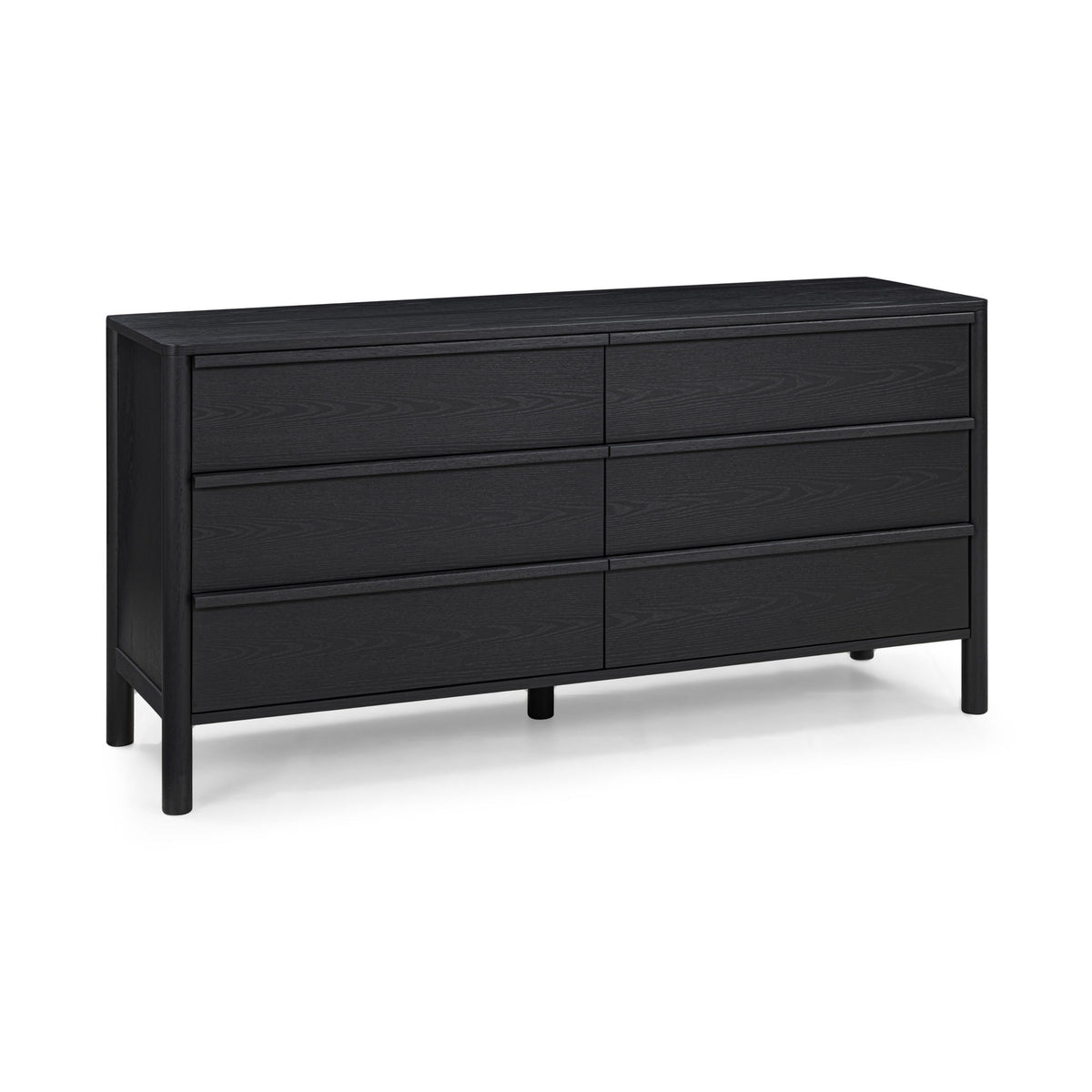 Black wood dresser with three drawer rows and a flat top surface