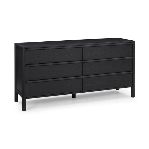 Black wood dresser with three drawer rows and a flat top surface