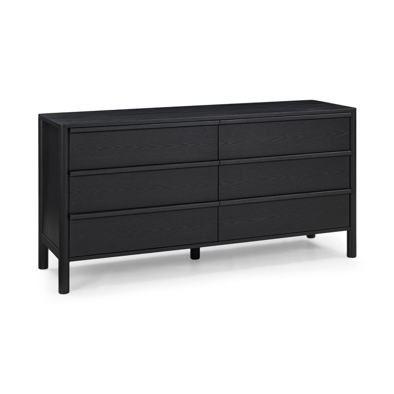 Black wood dresser with three drawer rows and a flat top surface