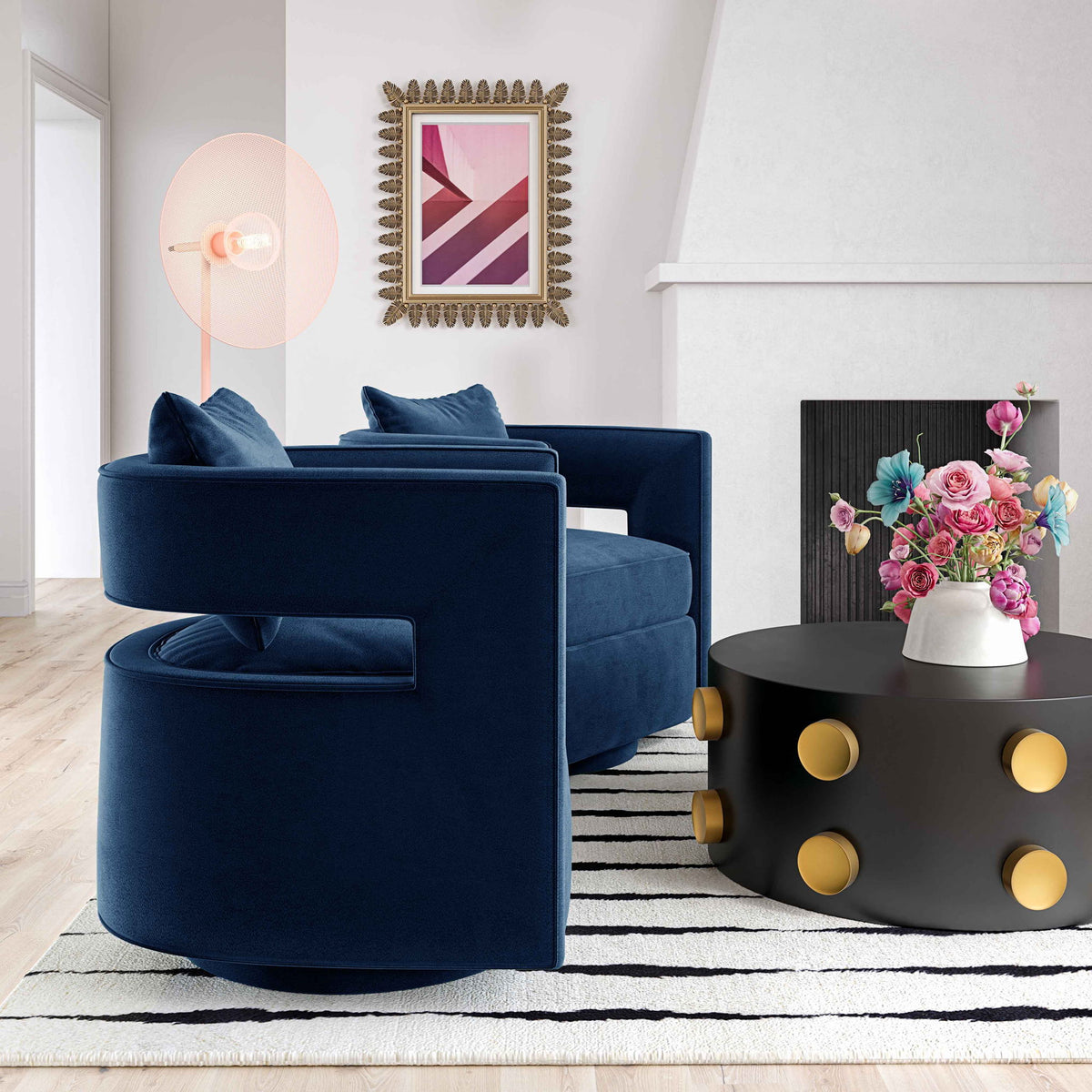 Blue swivel chair with back cushion and rounded armrests