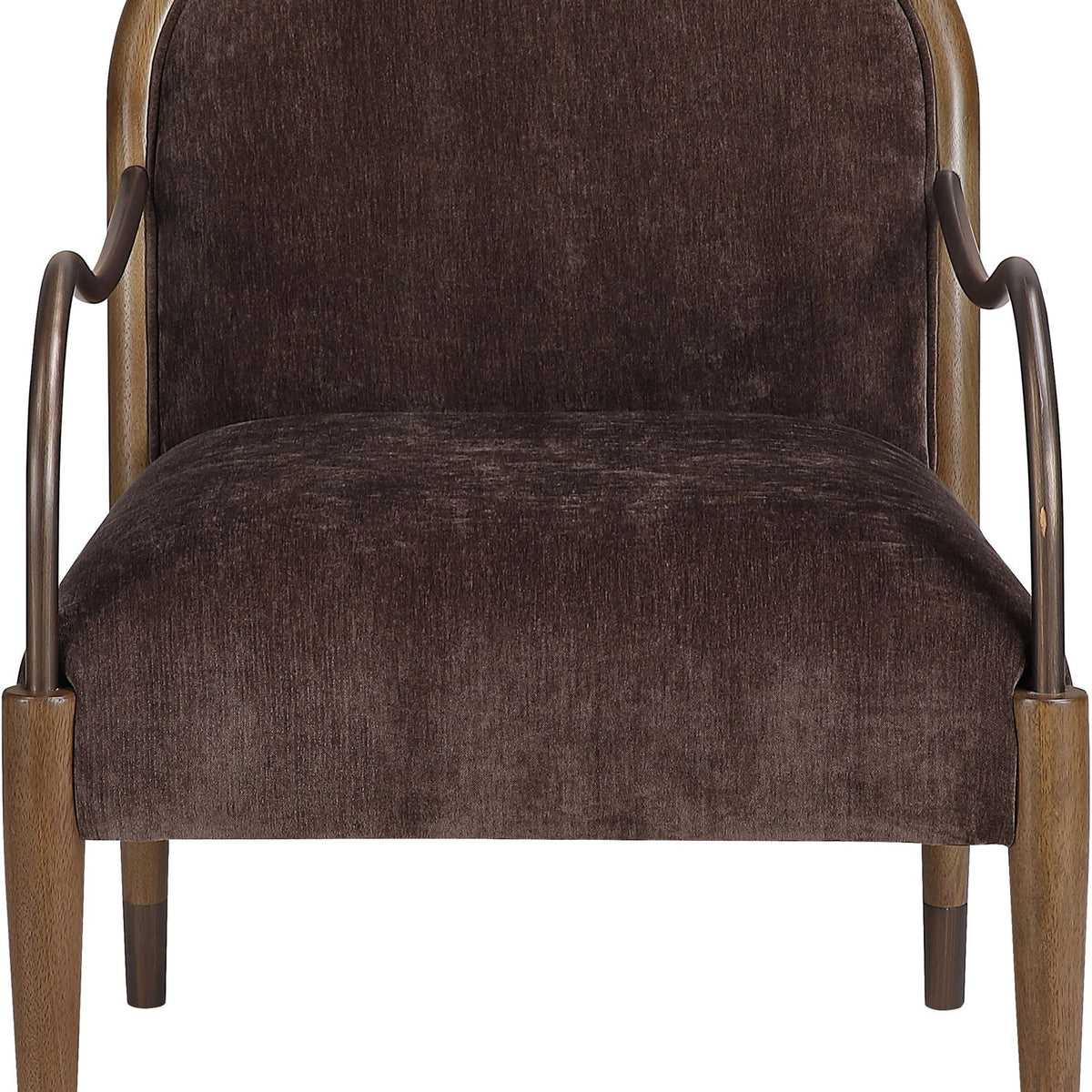 Dark brown fabric-upholstered accent chair with tall rounded back and curved metal arms
