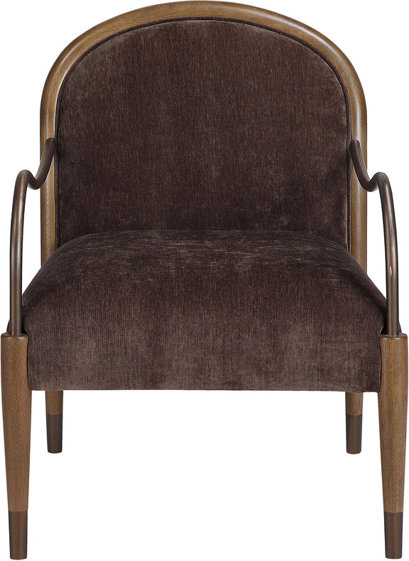 Dark brown fabric-upholstered accent chair with tall rounded back and curved metal arms
