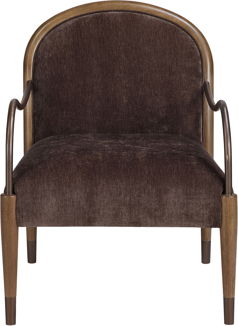 Dark brown fabric-upholstered accent chair with tall rounded back and curved metal arms