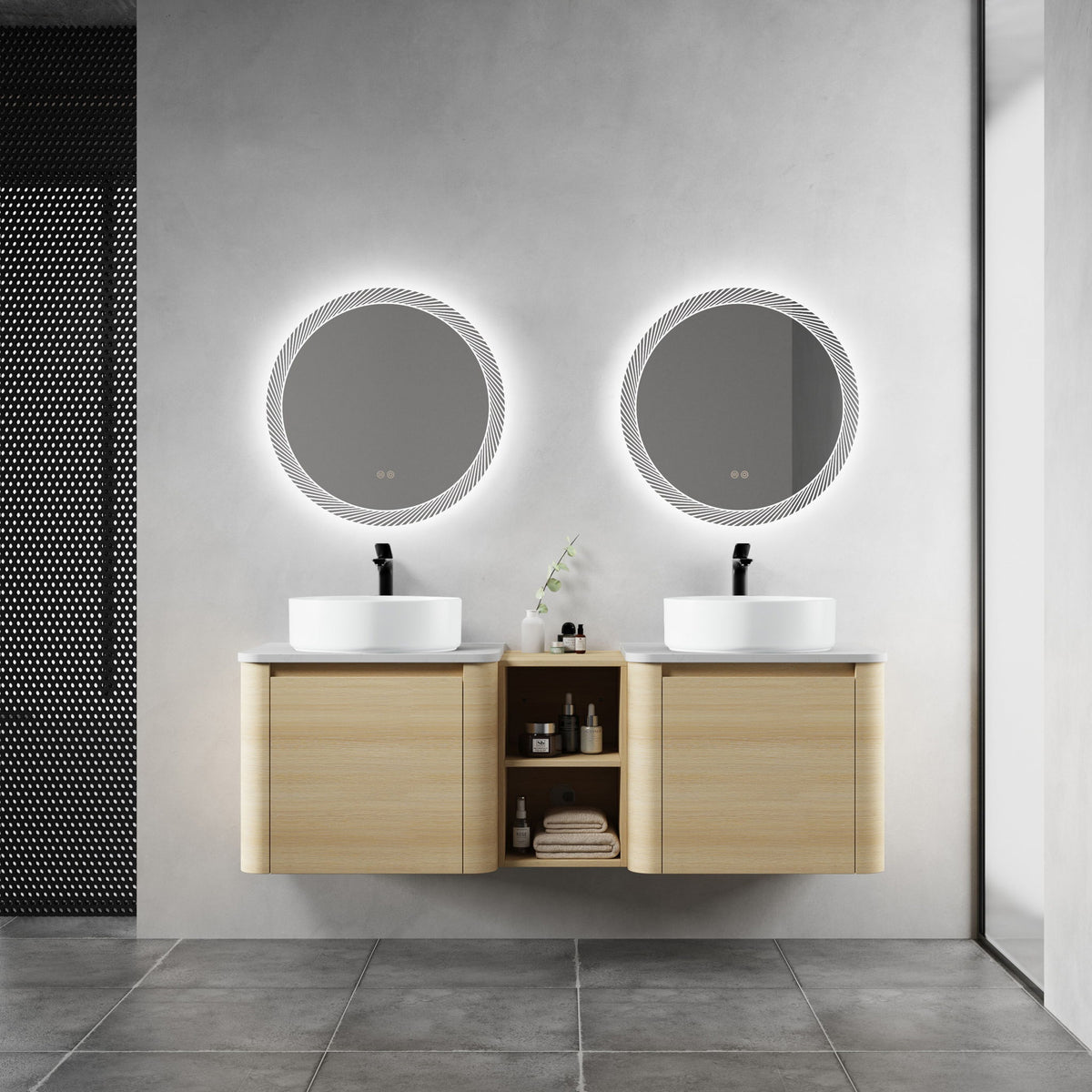 Mounted bathroom vanity with art sinks, light wood cabinet, central shelf, soft-close door