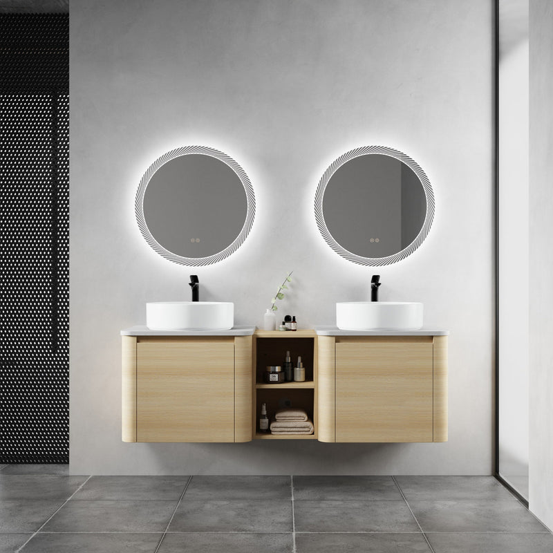 Mounted bathroom vanity with art sinks, light wood cabinet, central shelf, soft-close door