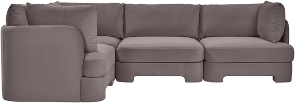 Gray velvet performance fabric sectional sofa with corner chaise and tufted back cushions
