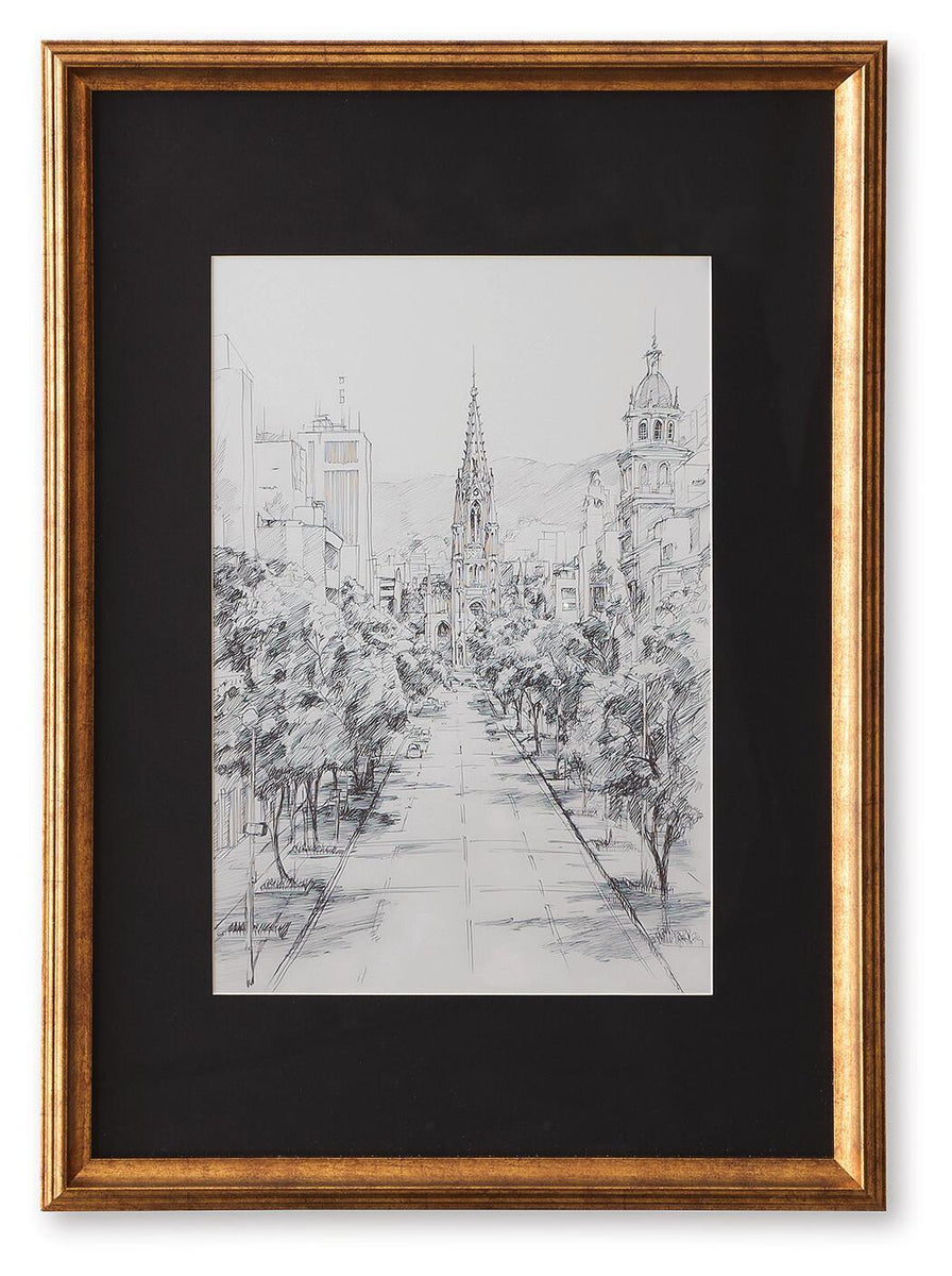 Framed black-and-white cityscape line drawing wall art with wood border