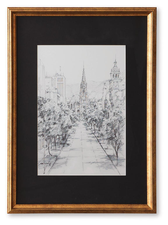 Framed black-and-white cityscape line drawing wall art with wood border