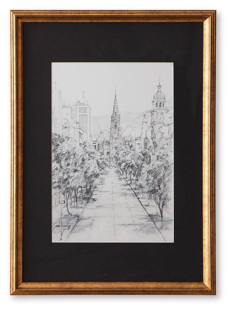 Framed black-and-white cityscape line drawing wall art with wood border