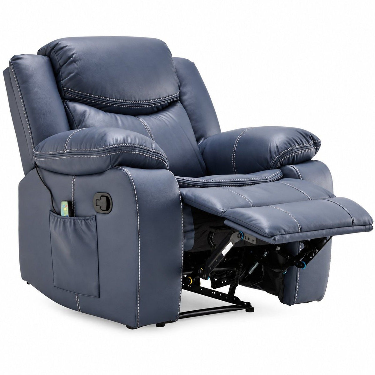 Dark blue reclining chair with footrest, padded arms, side control panel