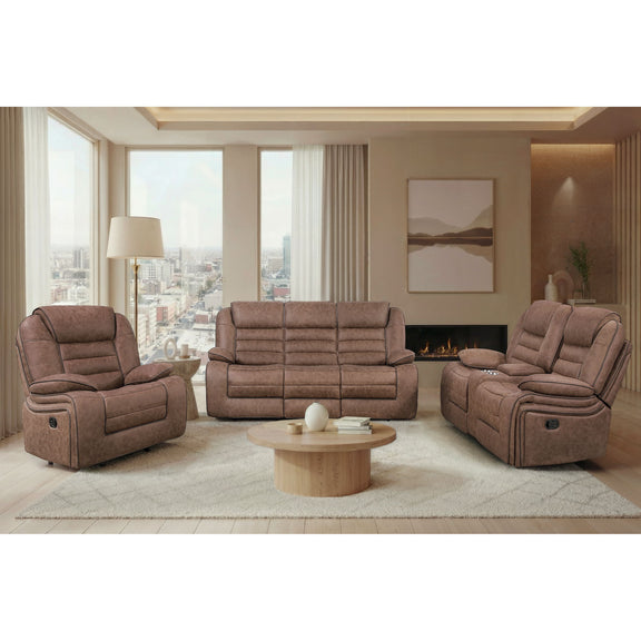 Dark brown reclining sofa, loveseat, and recliner with button details on armrests