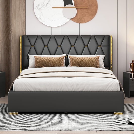 Upholstered Platform Bed With Strips - Black