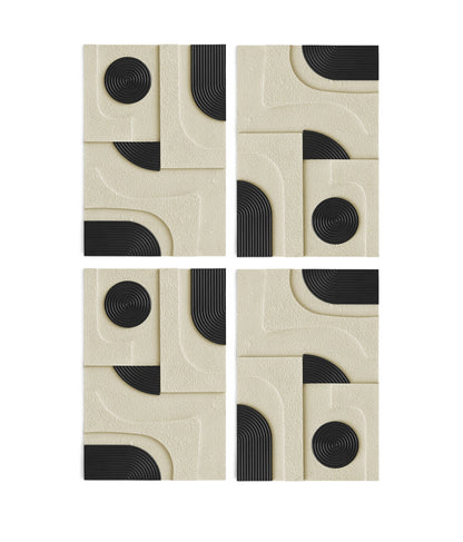 Cream textured 4-piece wall art with black concentric circles and arc inlays