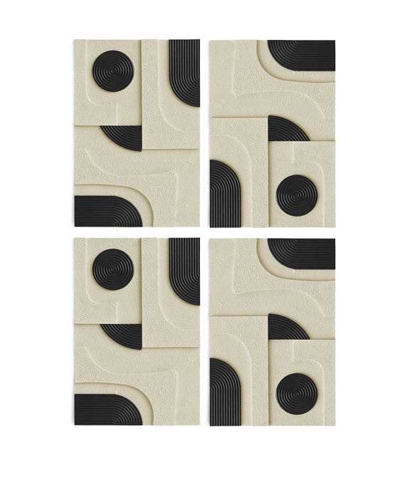 Cream textured 4-piece wall art with black concentric circles and arc inlays