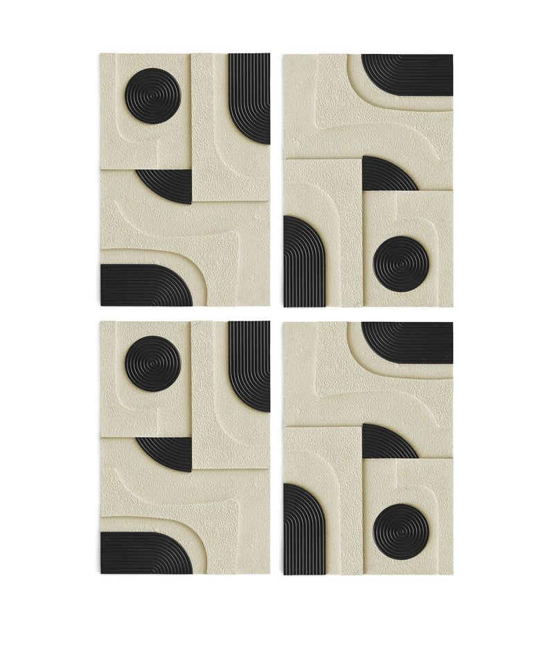 Cream textured 4-piece wall art with black concentric circles and arc inlays