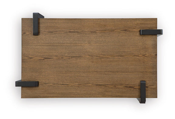 Rectangular wood tabletop with black corner brackets and thick black supports